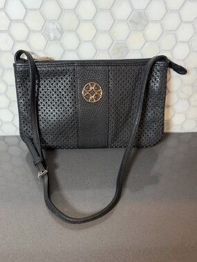 COCCINELLE Black Perforated Leather Shoulder Bag with Gold Accents EUC Chic Lux